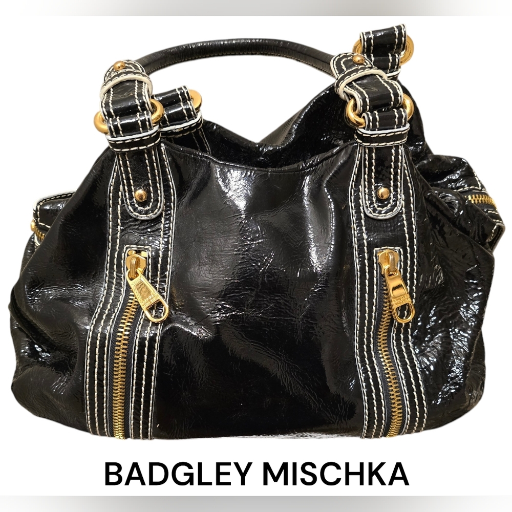 BADGLEY MISCHKA Leather Patent with gold accent Handbag